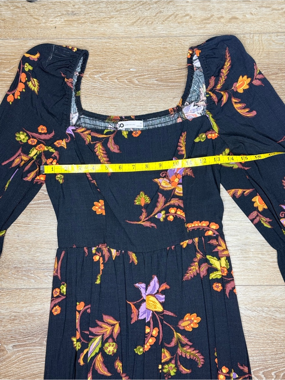 Floral Square-Neck Long Sleeve Maxi Dress - Black with Purple & Orange Floral - Picture 12 of 14
